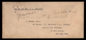 UNITED STATES OF AMERICA - Aerophilately & Flight Covers: A RARE COVER CARRIED & SIGNED BY JIM MOLLISON & HIS WIFE, AMY (JOHNSON) MOLLISON: 'Seafarer Atlantic Record Flight' 1933 (July 22/23): stampless legal size envelope carried on the flight from Pendi