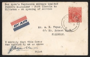 Aerophilately & Flight Covers: 20 August 1929 (AAMC.143c) Air Peninsula Airways first flight cover from Port Lincoln to Elliston (1 of 2); signed by the pilot, James Mollison. Cat.$600.