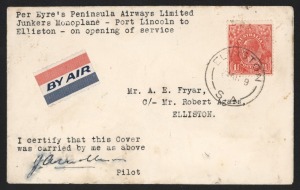 Aerophilately & Flight Covers: 20 August 1929 (AAMC.143c) Air Peninsula Airways first flight cover from Port Lincoln to Elliston (1 of 2); signed by the pilot, James Mollison.  Cat.$600.