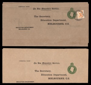 STAMPED-TO-ORDER: 1951 (BW:WS30) 3d green KGVI crowned circle, Used and unused examples for the Education Department, Melbourne. (2). Note: Brusden White indicates that NO UNUSED EXAMPLES are recorded.