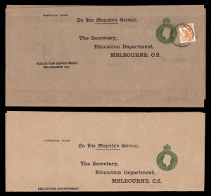 STAMPED-TO-ORDER: 1951 (BW:WS30) 3d green KGVI crowned circle, Used and unused examples for the Education Department, Melbourne. (2). Note: Brusden White indicates that NO UNUSED EXAMPLES are recorded.