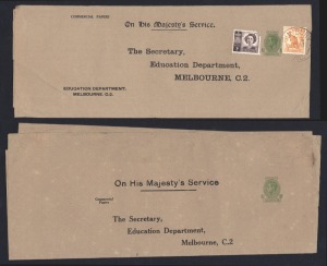 PRINTED-TO-ORDER: 1942 (BW:WS25) 1½d green KGVI Sideface, a Used example (uprated 1½d) and an Unused example, (2) both for the Education Department, Melbourne. Rare. Cat.$600.