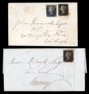 GREAT BRITAIN: 1d black [IB] used on a 9 JUNE 1840 entire from GLASGOW to Invermay; also, a 1d black and a 2d blue on an 11 Sept. 1840 envelope from GREAT MALVERN to Edinburgh. Adhesives are 3-4 margin. (2 items).