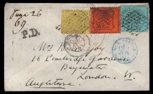 ITALY: PAPAL STATES: June 1869 three-colour franking on small cover from Rome to London.