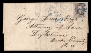 UNITED STATES OF AMERICA - Postal History: September 1850 usage of 5c pale brown Franklin (Sc.1) on folded entire from PHILADELPHIA to Doylestown PA.