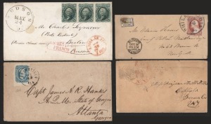 UNITED STATES OF AMERICA - Postal History: A small group comprising of an 1857 Usage of a Blood's Penny Post label in combination with a 3c Washington on a small cover to New York; a 30c rate cover to Prussia; a Confederate States 10c  on cover from PICKE