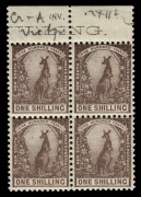 NEW SOUTH WALES: 1907 (SG.362) 1/- Purple-brown kangaroo, watermark inverted, top marginal blk.(4) stamps MUH, a scarce multiple, ex &lsquo;Hadrian&rsquo;, Cat &pound;300 for hinged with upright watermark.