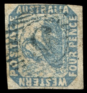 WESTERN AUSTRALIA: 1854 (SG.3) 4d Pale Blue, with unlisted variety "Thick right limb to A of POSTAGE"; FU. The "thin right limb to A" variety catalogues at £2000 (SG.3w).