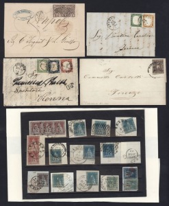 ITALY: A small collection of stamps and covers including a three-colour franked entire from FIRENZE to VIENNA (Aug.1862), a pair of 5baj Papal States on Jan.1858 Entire; a two-colour franking entire from BOLOGNA to Ferrara (1863), and several others. A ni