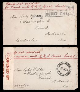 Postal History - World War I - Military: An album containing predominantly a WORLD WAR ONE CORRESPONDENCE between Edgar L. Rich, serving on HMAS Sydney, and his "Own darling" Ruby Wilkie, of Washington St., Toorak. In an extensive, articulate and interesting correspondence, Rich describes his experiences on-board, largely during the period that "Sydney" was stationed in the Caribbean as part of the South American Squadron. Later, in 1916, the Sydney and the Melbourne joined the Grand Fleet in th
