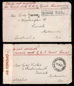 Postal History - World War I - Military: An album containing predominantly a WORLD WAR ONE CORRESPONDENCE between Edgar L. Rich, serving on HMAS Sydney, and his "Own darling" Ruby Wilkie, of Washington St., Toorak. In an extensive, articulate and interest