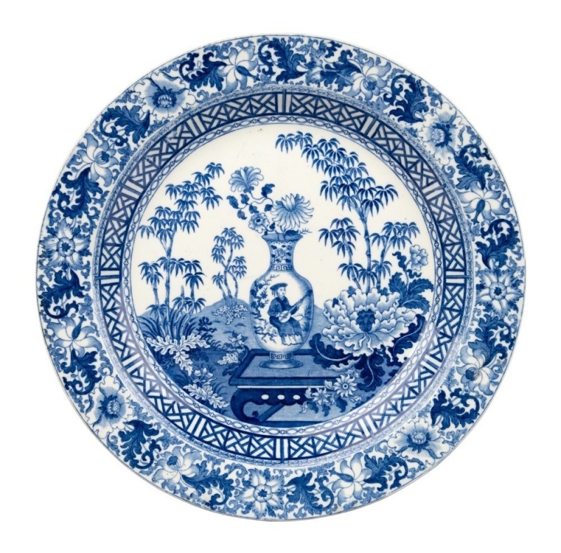 WEDGWOOD antique blue and white pottery bamboo pattern cabinet plate, circa 1806, impressed "WEDGWOOD", 25cm diameter