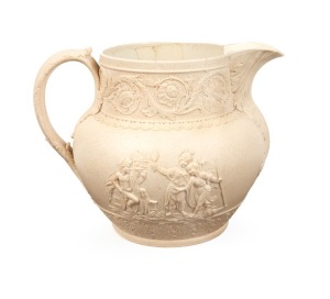 TURNER antique English cream pottery jug with sprigged putti and goat decoration, 18th/19th century, impressed "TURNER", 13.5cm high