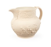 TURNER antique English cream pottery jug with sprigged putti and goat decoration, 18th/19th century, impressed "TURNER", 13.5cm high - 2