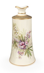 ROYAL WORCESTER "GLYCINE CLANDESTINA" antique English hand-painted porcelain vase signed "W. H. AUSTIN", designed by Ellis Rowan, puce factory mark and title to base "Royal Worcester, England, The Mrs Ellis Rowan Series, Australian Flowers, Prouds Ltd.", 16.5cm high