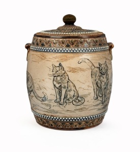 DOULTON BURSLEM antique English stoneware biscuit barrel with sgraffito cat decoration by HANNAH BARLOW, circa 1888, factory mark and artist's monogram to base, 16cm high