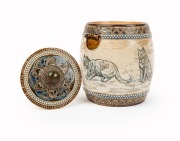 DOULTON BURSLEM antique English stoneware biscuit barrel with sgraffito cat decoration by HANNAH BARLOW, circa 1888, factory mark and artist's monogram to base, 16cm high - 2