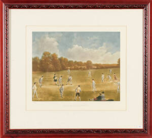 FRAMED CRICKET DISPLAYS, noted print  "A Cricket Match in Mary-le-Bone Fields, 1740" by Lawrence Josset; 1934 Players cigarette cards, "Cricketers 1934" [50]; Shane Warne Hat Trick; "Taylor's World Record". All framed, various sizes.