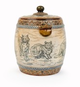 DOULTON BURSLEM antique English stoneware biscuit barrel with sgraffito cat decoration by HANNAH BARLOW, circa 1888, factory mark and artist's monogram to base, 16cm high - 4
