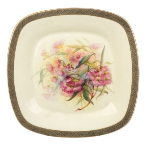 ROYAL WORCESTER "GUM PLANT" antique English hand-painted porcelain cabinet plate signed "SEDGLEY", designed by Ellis Rowan, puce factory mark and title to base "Royal Worcester, England, The Mrs Ellis Rowan Series, Australian Flowers, Prouds Ltd.", 22cm wide