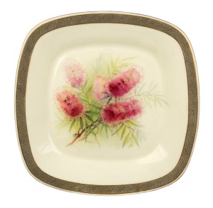 ROYAL WORCESTER "BOTTLE BRUSH" antique English hand-painted porcelain cabinet plate signed "R. AUSTIN", designed by Ellis Rowan, puce factory mark and title to base "Royal Worcester, England, The Mrs Ellis Rowan Series, Australian Flowers, Prouds Ltd.", 22cm wide