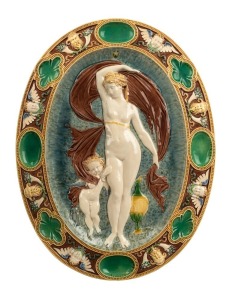 MINTON stunning antique majolica oval plaque with embossed figure and cherubs, circa 1872, impressed "MINTON", 49cm high