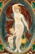 MINTON&nbsp;stunning antique majolica oval plaque with embossed figure and cherubs, circa 1872, impressed "MINTON", 49cm high - 2