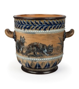 DOULTON LAMBETH rare pottery jardiniere with cat decoration by HANNAH BARLOW, circa 1881, impressed factory mark and artist's monogram to base, 17cm high, 22cm wide