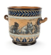 DOULTON LAMBETH&nbsp;rare pottery jardiniere with cat decoration&nbsp;by HANNAH BARLOW, circa 1881, impressed factory mark and artist's monogram to base, 17cm high, 22cm wide - 2