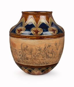 DOULTON LAMBETH pottery vase adorned with sheep and cattle sgraffito decoration by HANNAH BARLOW and FLORRIE JONES, 19th century, impressed factory mark and artists' monograms to base, 16.5cm high