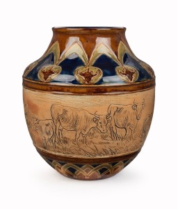 DOULTON LAMBETH pottery vase adorned with sheep and cattle sgraffito decoration by HANNAH BARLOW and FLORRIE JONES, 19th century, impressed factory mark and artists' monograms to base, 16.5cm high