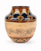 DOULTON LAMBETH&nbsp;pottery vase adorned with sheep and cattle sgraffito decoration&nbsp;by HANNAH BARLOW and FLORRIE JONES, 19th century, impressed factory mark and artists' monograms to base, 16.5cm high - 3
