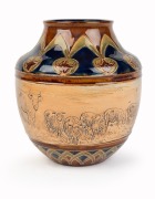 DOULTON LAMBETH&nbsp;pottery vase adorned with sheep and cattle sgraffito decoration&nbsp;by HANNAH BARLOW and FLORRIE JONES, 19th century, impressed factory mark and artists' monograms to base, 16.5cm high - 4