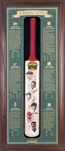 THE KNIGHTS OF CRICKET, full size cricket bat, with signatures of Sir Donald Bradman, Sir Richard Hadlee, Sir Colin Cowdrey, Sir Garfield Sobers, Sir Clyde Walcott & Sir Everton Weekes, mounted in an attractive display case, overall 47x108cm.