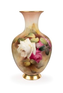 ROYAL WORCESTER antique English porcelain vase with hand-painted rose decoration, signed "R. AUSTIN", circa 1912, green factory mark to base, 18cm high