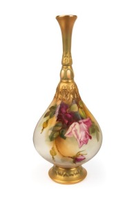 ROYAL WORCESTER antique English porcelain stem vase with hand-painted rose decoration, signed "W. H. AUSTIN", circa 1919, puce factory mark to base, 24.5cm high