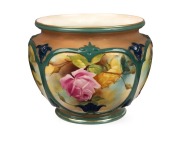 ROYAL WORCESTER antique English porcelain jardiniere with hand-painted rose decoration, signed "F. J. BRAY", circa 1911, green factory mark to base, 13.5cm high, 17cm wide