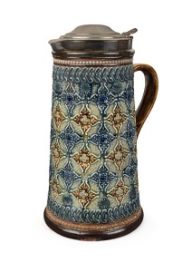 ROYAL DOULTON stoneware antique English tankard with silver plated mount by EMILY PARTINGTON, circa 1879, impressed factory mark and artist's monogram to base, 25cm high