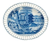 LEEDS POTTERY antique English pierced oval blue and white pottery platter, 18th/19th century, impressed "LEEDS POTTERY", 23cm wide