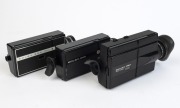 BOLEX-PAILLARD: Three c. 1970s 8mm movie cameras - one Bolex 233 Compact with lens cap, one Bolex 233 Compact S with lens cap and eye cup, and one Bolex 350 with lens hood and eye cup. (3 items) - 2