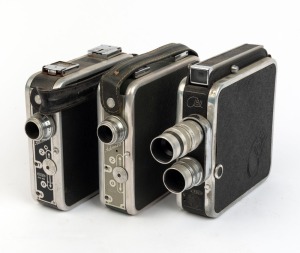 MEOPTA: Three c. 1950s 8mm movie cameras - one Admira with black front plate, one Admira with grey front plate, and one Admira 8 II. (3 movie cameras)