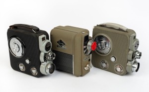 EUMIG: Three c. 1950s double-8 movie cameras - one Eumig Electric, one Eumig C3 in grey, and one Eumig C3 in black. (3 movie cameras)