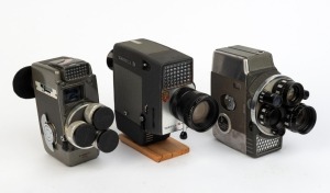 YASHICA: Three c. 1960s movie cameras - one Yashica-AIII with eye cup and three lens caps, one Yashica 8-EIII, and one Yashica U-Matic with eye cup. (3 movie cameras)