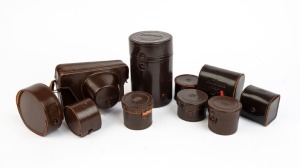 NIPPON KOGAKU: Ten brown leather cases stamped variously 'Nippon Kogaku/Nikon F/Nikon/Nikkor', including several lens cases, one camera case, and others. (10 items)