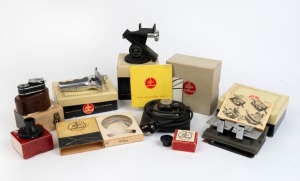 BOLEX-PAILLARD: Eight accessories, all of them in maker's boxes - one Trifilm Splicer, one Declic Handle, one Bolex H 100cm cable release, one Bolex H Rackover, one Synchronizer 18-5, one Parallax Corrector for D8L/B8L/B8SL/C8SL, one Right-Angle Viewfinde