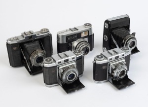 ZEISS IKON: Group of five cameras - one c. 1938 vertical-type Ikonta 521 A, one c. 1949 Nettar 518/16, two c. 1951 Contina I 524/24 models, and one c. 1964 Colora F. (5 cameras)