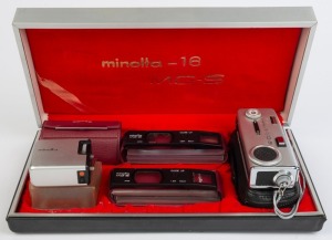 MINOLTA: Minolta 16 MG-S subminiature camera, c. 1969, in presentation box with leather camera case and several cased accessories.