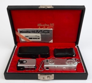 MINOLTA: Minolta 16 MG subminiature camera, c. 1966, in presentation box with flash attachment and other accessories, and leather cases for camera and flash attachment.