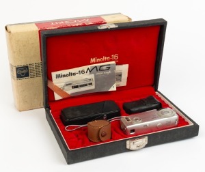 MINOLTA: Minolta 16 MG subminiature camera, c. 1966, in maker's box with presentation box containing various cases and accessories.