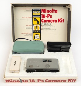 MINOLTA: Minolta 16-Ps Camera Kit [#877275], c. 1964, in maker's box with leather camera case, flash attachment with matching case, clamp attachment, and printed matter.